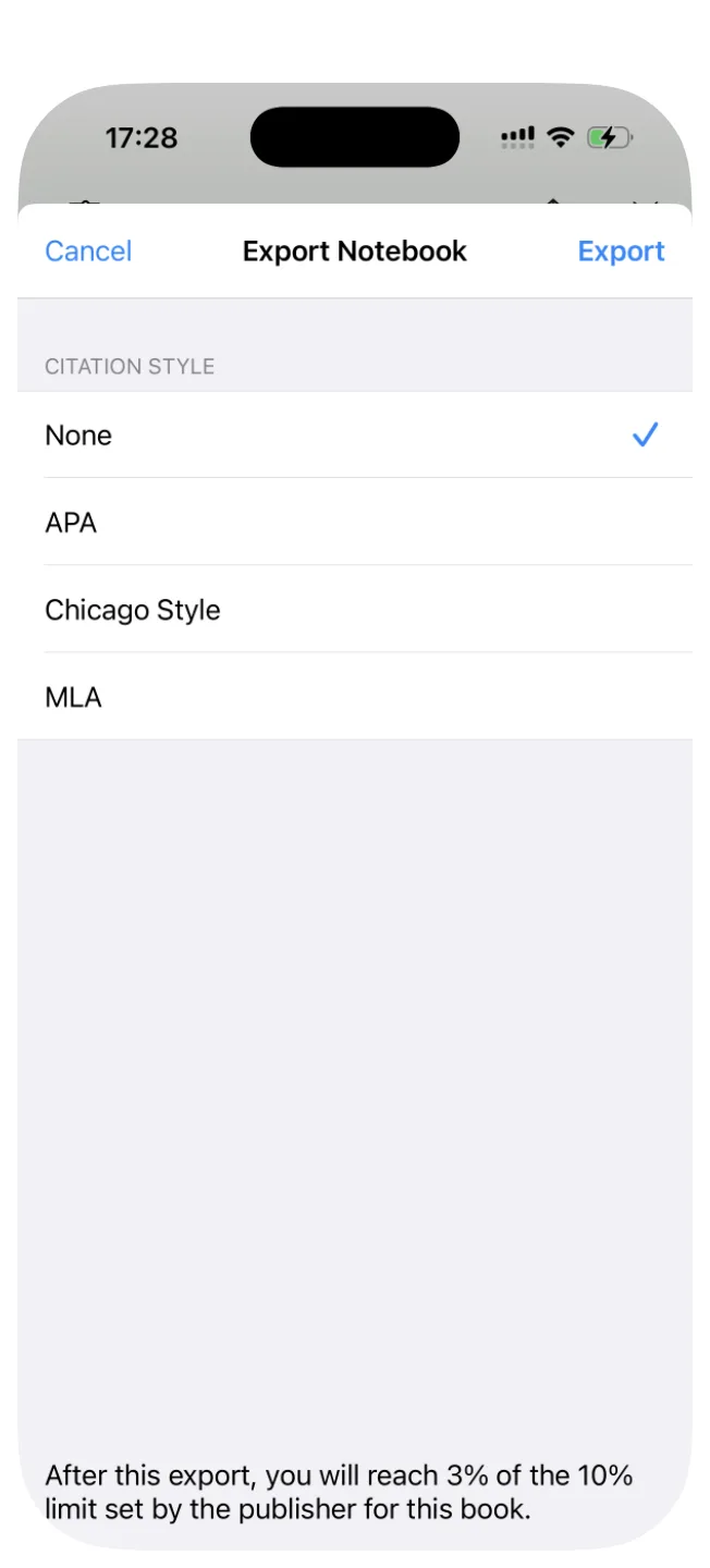 The Export Notebook screen with citation styles None, APA, Chicago Style and MLA. At the bottom: After this export, you will reach 3% of the 10% limit set by the publisher for this book.