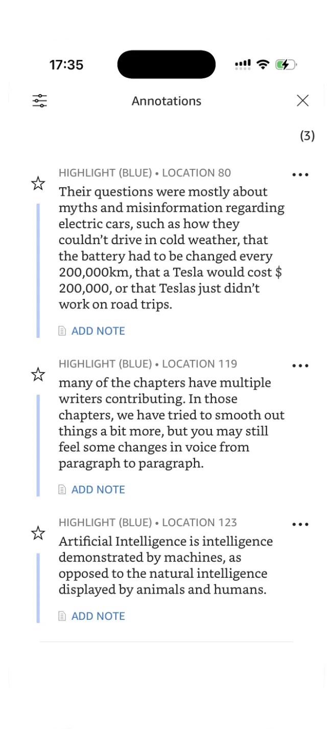 The Annotations view in the Kindle app. Each highlight shows its color, location, full text, and an Add Note link.