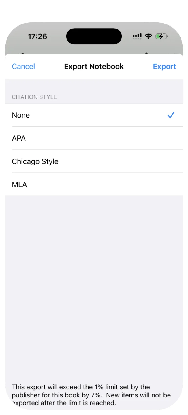 The Export Notebook screen. At the bottom: This export will exceed the 1% limit set by the publisher for this book by 7%. New items will not be exported after the limit is reached.