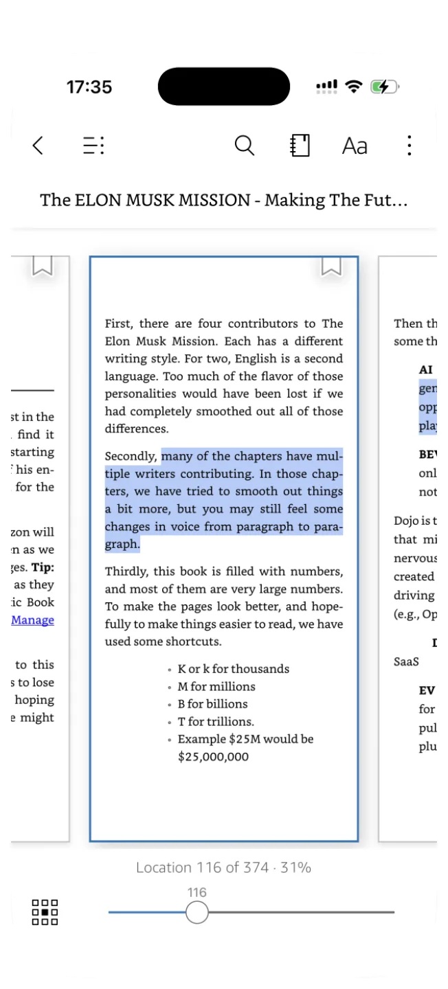 A book open in the Kindle app with the toolbar showing. The notebook icon is third from the right.